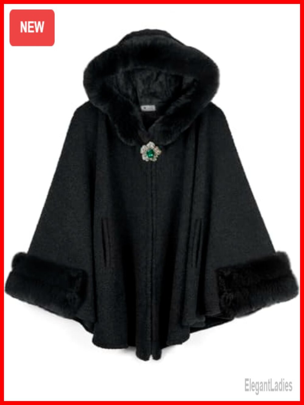 Faux Fur Trim Hooded Cape Coat Fleece Lined Poncho Winter Cloak